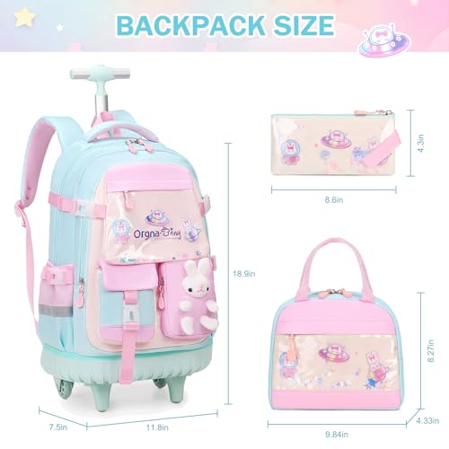 FIXITOK Rolling Backpack for Girls, Kawaii Bunny Roller Wheels School Backpacks with Lunch Bag Pencil case, Wheeled Suitcase Bookbag for Elementary Travel Aquamarine - color: Aquamarine