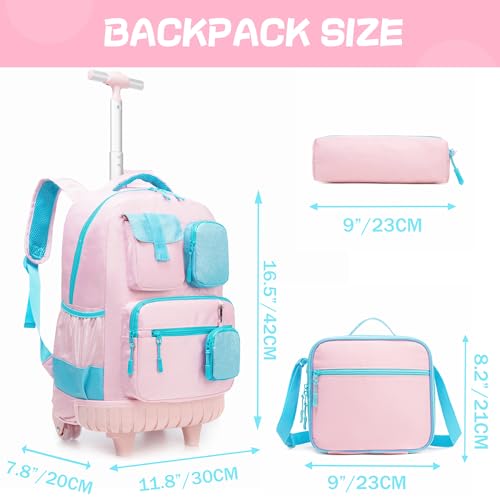Rolling Backpack for Girls 8-12 Backpack for School Elementary Students with Wheels Lunch Bag Pencil Case Kids Backpacks for Girls Primary School - color: Solid Pink