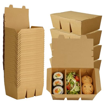30 Pack 3 Compartment Paper Take Out Food Containers, 7.5x5.4x2.6" Kraft Brown Take Out Boxes, Disposable To Go Container Take Out Containers, Greaseproof Paper Bento Box Takeout Lunch Boxes with Lid - color: Kraft Paper Color-Flip Top