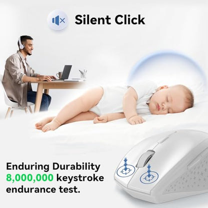 TECKNET Wireless Mouse, 2.4G Computer Mouse with 6-Level Adjustable 4800 DPI, 30 Months Battery, Ergonomic Grips, 6 Buttons Portable for PC, Chromebook, Mac - White - color: White