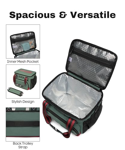 SUNNY BIRD 12L Large Insulated Lunch Bag, Foldable Lunch Cooler Box for Women Adult and Men, Fits 18 Cans (Green with Boho Strap) - color: Green with boho strap