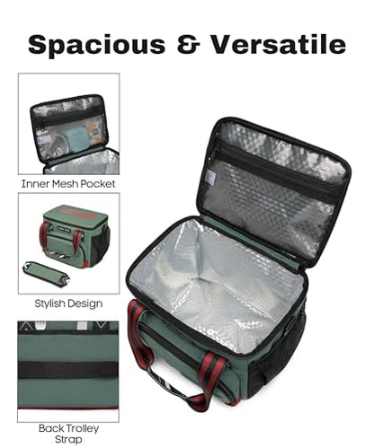 SUNNY BIRD 12L Large Insulated Lunch Bag, Foldable Lunch Cooler Box for Women Adult and Men, Fits 18 Cans (Green with Boho Strap) - color: Green with boho strap