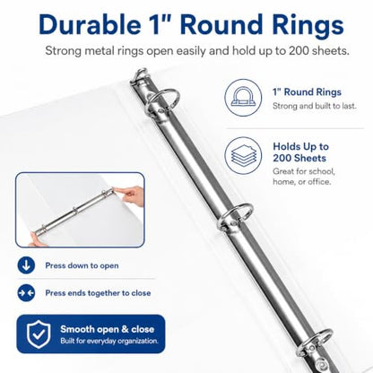 Durable 1 inch 3-Ring Binder, 1" Round Ring Binders with 2 Inside Pockets, Basic 1 in Binders, PVC- Free, Clear View Cover 1-inch-Binder Holds 8.5'' x 11''Paper for Office/School/Home（12 Pack, White - color: White, size: 1 inch, style: 12pack