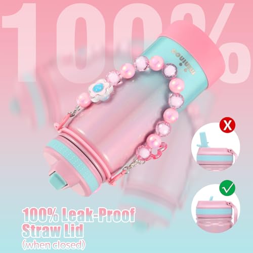 Mininoo Kids Water Bottle for School - 16 oz Stainless Steel Insulated Water Bottle with Ceramic-Lined, Leakproof Straw Lid & Beaded Handle for Girls & Boys - color: Sparkle Guava