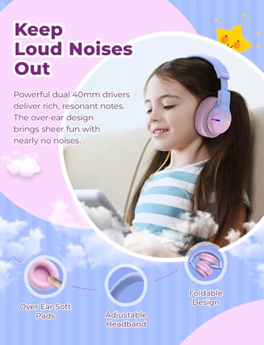 iClever BTH12 Kids Bluetooth Headphones,Colorful LED Lights,74/85dBA Safe Volume,85H Playtime,Fast Charging,Bluetooth 5.2,Over Ear Kids Headphones Wireles for iPad/Tablet/Airplane, Gradient Pink - color: Gradient Pink
