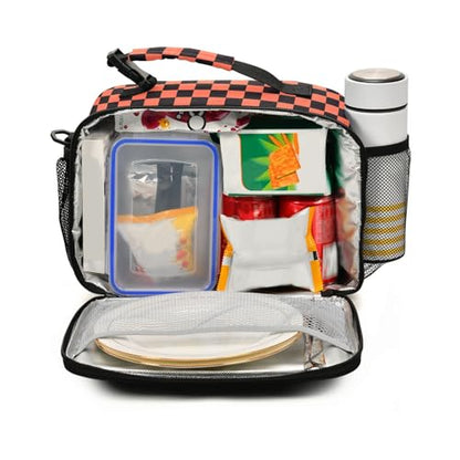 Custom Student Lunch Bag for Boys Girls Orang Black Checkered Personalized Lunch Box With Name Insulated Cooler Bag for School Picnic Travel - color: Multi13