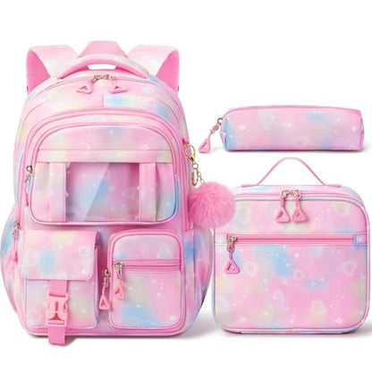 Fimibuke Kids Backpack for School Girls, 3Pcs Waterproof Girls Backpack with Lunch Box & Pencil Pouch - Lightweight Pink Bookbag for Ages 6+ Elementary Middle School Teens - color: A1.Diamond Pink