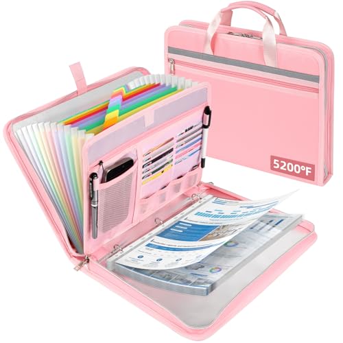 Fireproof Document Bag with Accordion File Organizer(Pink) | Upgraded 5200°F Aluminum Foil Fire Protection, Zipper Expanding File Binder Folders with 30 Sheet Protector - color: Pink