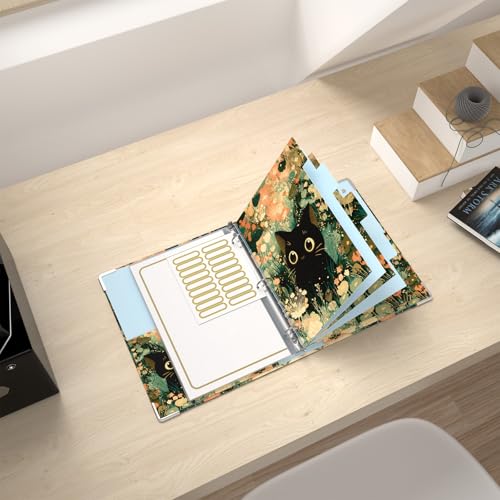 Rouidr Mini 3 Ring Binder with clipboard, 1 inch Round Binder Organizer, 8.5"x5.5" Cute Binder with 5 Dividers Tabs & Clear Sleeves, School Supplies, Office Supplies - color: Cute Cat, size: Mini 1in(8.5 x 5.5 in)