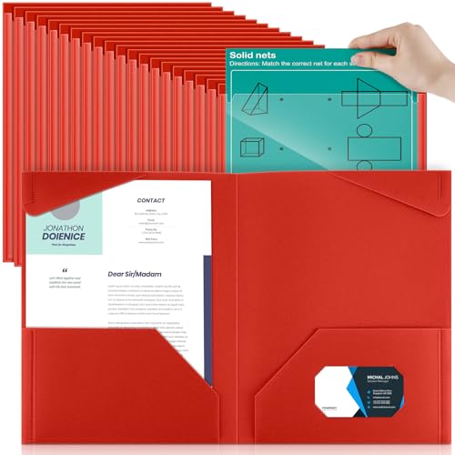 Henoyso 60 Pack Plastic Folders with Clear Front Pockets Bulk Heavy Duty File Folders with 2 Pockets and Card Slot for Student Teacher Back to School Supplies Office Presentation (Red) - color: Red
