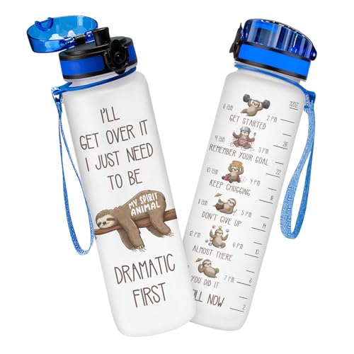 Sloth Water Bottle with Time Marker - 32oz Motivational Sports Bottle with Straw - Dramatic First Sloth Spirit Animal - Unique Birthday Gifts for Women, Adults - color: White and Green