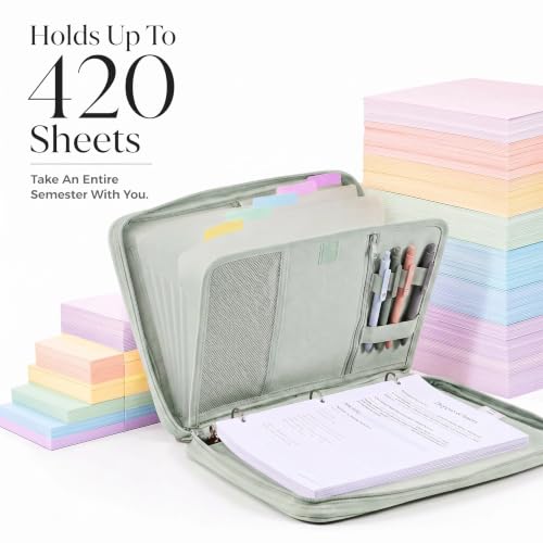 Sturdy 3 Ring Zipper Binder with Strap for School - Beautiful 1 Inch Zip Up Binder with 5-Tab Dividers Holds 420 Sheets, Books & Laptop - Easy to Carry Trapper Keeper Made of Premium Fabrics - color: Sage