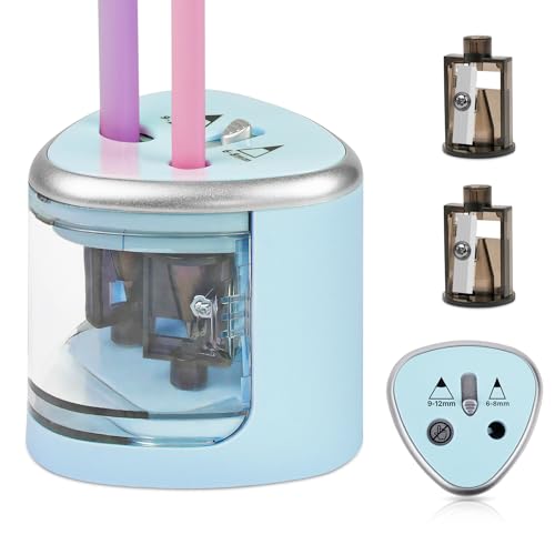 AUAUY Electric Pencil Sharpener with Double Hole, Battery Operated Automatic Sharpener with 2 Extra Knife Holders, for 6-8mm/9-12mm Standard Pencils, Colored Pencils, and Makeup Pencils（Blue） - color: Battery-blue