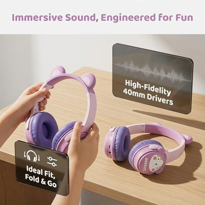 [65H Playtime] Cute Animal Ear Kids Bluetooth Headphones for Girls Women, Wireless Headphones with Microphone, Foldable Over-Ear Headset for School Travel, Purple - color: Purple