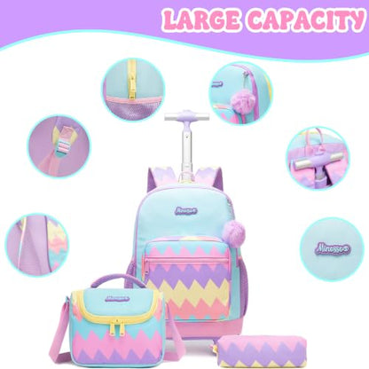 Girls Rolling Backpack with Lunch Box School Backpacks with Wheels 16.5" Roller Backpack for Girls, 3pcs Kids Wheeled Bookbag for Elementary School - color: Duosejieti