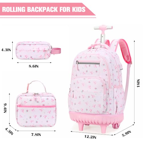 ACESAK Rolling Backpack for Girls - Roller Wheels School bag with Lunch Bag & Pencil Pouch for Teen Girls Kids Wheeled Suitcase Backpacks, Elementary Middle School Travel Daypack (Pink Bow) - color: Pink Bow