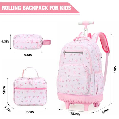 ACESAK Rolling Backpack for Girls - Roller Wheels School bag with Lunch Bag & Pencil Pouch for Teen Girls Kids Wheeled Suitcase Backpacks, Elementary Middle School Travel Daypack (Pink Bow) - color: Pink Bow