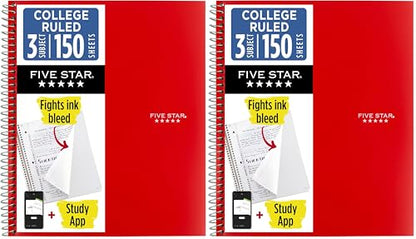 Five Star Spiral Notebook + Study App, 3 Subject, College Ruled Paper, Fights Ink Bleed, Water Resistant Cover, 8-1/2" x 11", 150 Sheets, Red (72065) (Pack of 2) - color: Fire Red, size: 1 Count (Pack of 2)