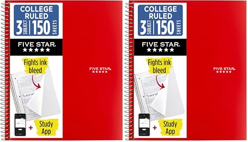 Five Star Spiral Notebook + Study App, 3 Subject, College Ruled Paper, Fights Ink Bleed, Water Resistant Cover, 8-1/2" x 11", 150 Sheets, Red (72065) (Pack of 2) - color: Fire Red, size: 1 Count (Pack of 2)