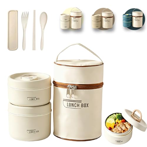 2 Tier Portable Insulated Lunch Container Set, Stackable Bento Box with Thermal Lunch Bag, Microwaveable Hot Food Container for Adults, Leakproof Thermal Food Container for Picnic, Work & Travel - color: Beige, size: 2 Tier