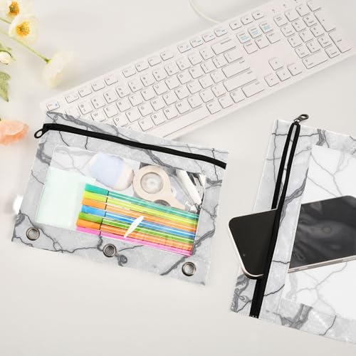 Kcldeci Pencil Pouch for 3 Ring Binder, White Gray Marble Stone 2 Pack Binder Pencil Pouch with Clear Window Pencil Bags with Zipper Pencil Case for Binder - color: A03