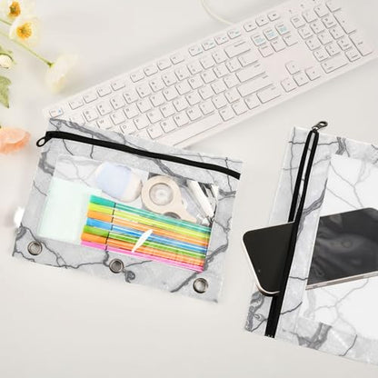 Kcldeci Pencil Pouch for 3 Ring Binder, White Gray Marble Stone 2 Pack Binder Pencil Pouch with Clear Window Pencil Bags with Zipper Pencil Case for Binder - color: A03