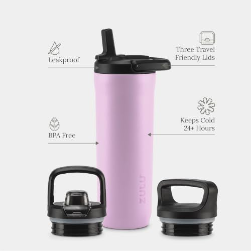 ZULU Base 18oz Kids Stainless Steel Water Bottle with 3 Lids- Straw, Chug, Twist | Double Walled and Vacuum Insulated Metal Thermos | Fits Car Cupholder, Built in Carry Loop, Dishwasher Safe, Pink - color: Pink Orchid, style: 18oz