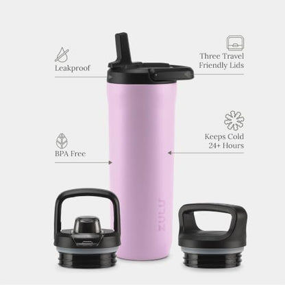 ZULU Base 18oz Kids Stainless Steel Water Bottle with 3 Lids- Straw, Chug, Twist | Double Walled and Vacuum Insulated Metal Thermos | Fits Car Cupholder, Built in Carry Loop, Dishwasher Safe, Pink - color: Pink Orchid, style: 18oz