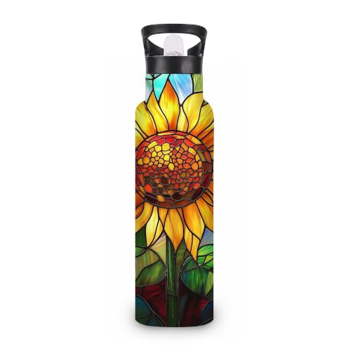 Insulated Water Bottle,Stained Glass 20 oz Stainless Steel Water Bottles with Straw Lid,Sunflower Colorful Leak Resistant Double Insulated Flask with Handle,Fits Cup Holder,Keeps Drinks Cold - color: Stained Glass,Sunflower Colorful