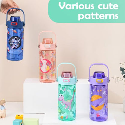 20oz Kids Water Bottle For School or Travel, Leak-Proof & Dishwasher, Durable Plastic Sport Water Bottle With Straw and Handle, Cute Donosaur - color: Green dinosaur
