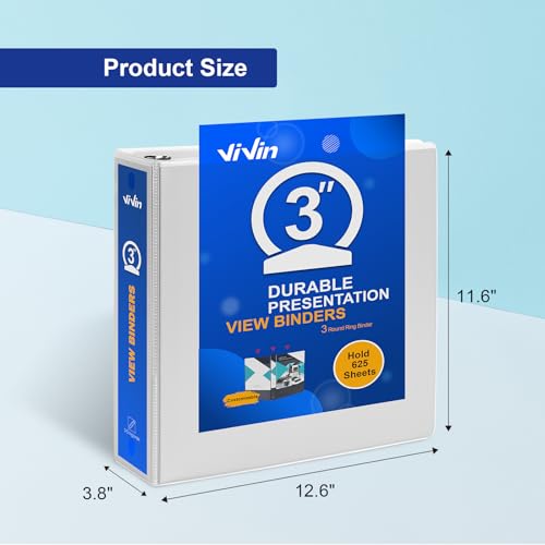 ViVin 3 Ring Binder 3 inch with Clear View Cover, Large 3" Round Ring for Strength, Holds 600 Sheets of US Letter Size Paper, Office Home School, 10 Pack (White) - color: White, size: 3 Inch, style: 10 Pack