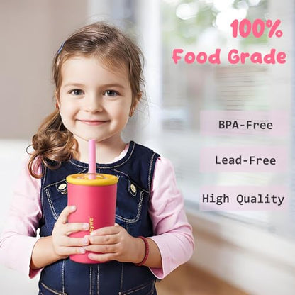 Gencywe Kids Stainless Steel Cups with Straws and lids | 12 oz Spill-Proof Sippy Smoothie Tumbler Set, Small Kids Snack & Drink Water Cups, BPA-Free, Dishwasher Safe, with Box (Age: 3+ years old & up) - color: Pink
