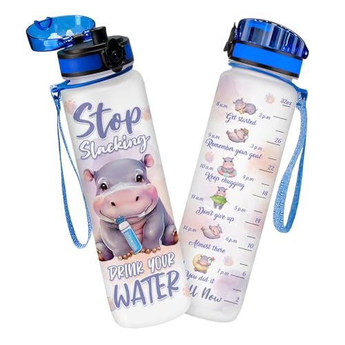 Cute Hippo Hydration Water Bottle 32oz, Stop Slacking Drink Your Water Motivational Bottle, Funny Hippopotamus Animal Gift for Women, Hippo Lover Gifts - color: Hippo