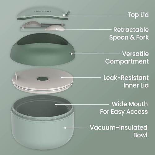 Bentgo Bowl - Insulated Leak-Resistant Bowl with Collapsible Utensils, Snack Compartment and Improved Easy-Grip Design for On-the-Go - Holds Soup, Rice, Cereal & More - BPA-Free, 21.2 oz (Khaki Green) - color: Khaki Green