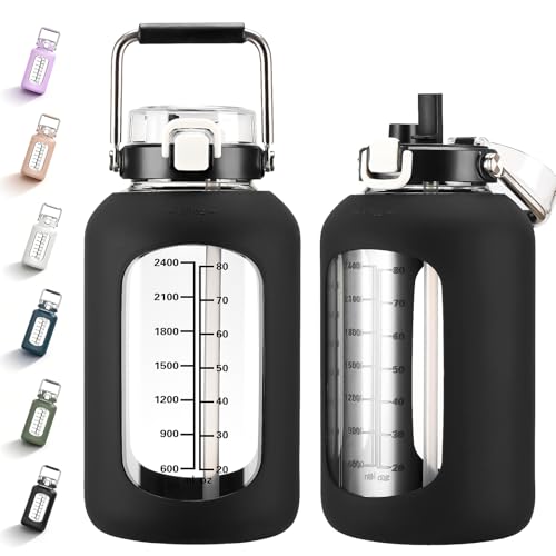 MUKOKO 100oz Glass Water Bottle with Time Marker and Silicone Sleeve 3L Large Water Jug with Stainless Steel Handle Gallon Drinking Bottle with 2-in-1 Lid Wide Mouth BPA Free, Black - color: Black, size: 100 Ounces