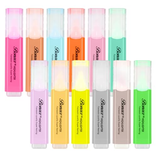 Highlighters Pastel, 12 Assorted Macaron Colors Chisel Tip Marker | Mini Highlighters,Water Based, Quick Dry, Aesthetic Highlighter for Office