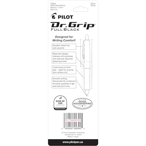 PILOT Dr. Grip FullBlack Refillable & Retractable Ballpoint Pen, Medium Point, Black Ink, Single Pen (36193)- Ideal for School, Journaling & Office Writing