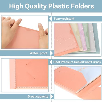 Jumlys 6 Pack 2 Pocket Folders with Clear Front Pocket and 3 Holes, Pastel Folders with Pockets for 3 Ring Binder, Heavy Duty Plastic Folders for Letter Size Paper, Ideal School and Office Supplies