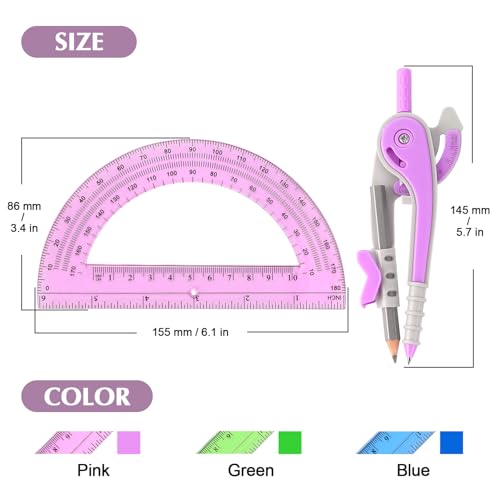 ZZTX 180-Degree Protractor and Compass Set 3 Colors | Precision drawing, 180° measurement, Student geometry