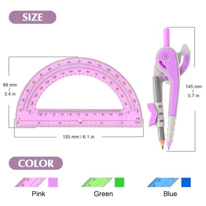 ZZTX 180-Degree Protractor and Compass Set 3 Colors | Precision drawing, 180° measurement, Student geometry