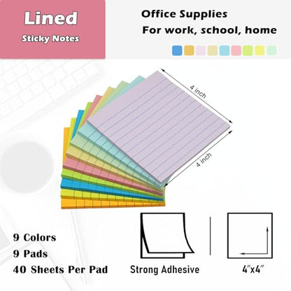 HQCME 9 Pads Lined Sticky Notes 4x4 in Post, 9 Multi Colors Super Sticking Power Memo Pads, Strong Adhesive, 4x4 Sticky Notes Large Eeay for Office, School, Home Use - size: 4x4 in