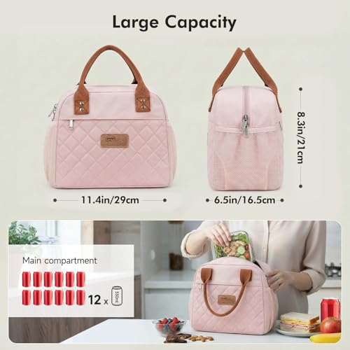 HOMESPON Insulated Lunch Bag for Women Men, Cooler Tote Box, Pink | Front Pocket, Side Mesh Pockets, Reusable, for Work, Picnic, Food Container - color: Pink