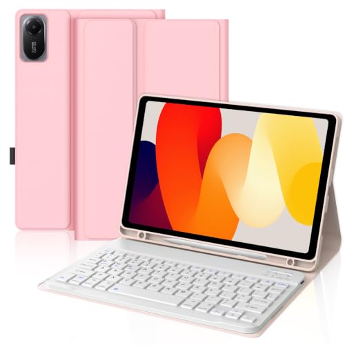 IVEOPPE Keyboard Case for Xiaomi Pad 8/8 Pro/Pad 7/7 Pro 11.2 Inch | Magnetic Detachable Wireless, Bluetooth Connection Keyboard, Stain Resistant Protection Cover, Rechargeable, Pencil Holder - color: Pink(Non-Backlit Keyboard)