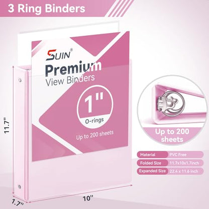 SUIN 1 Inch 3 Ring Binder, Clear 1'' View Presentation Binders with 2 Pockets, Fits 8.5 x 11 Letter Size, Durable Polypropylene, Non-Stick & PVC-Free for School, Office & Home (Pastel Pink) - color: Pastel Pink