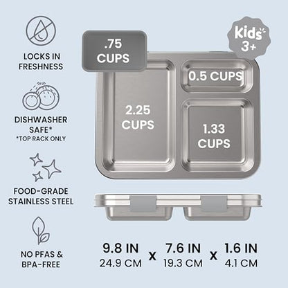 Bentgo Kids Stainless Steel Leak-Resistant Lunch Box - 3-Compartments with Bonus Silicone Container, Durable, Eco-Friendly, Dishwasher Safe, BPA-Free, Ideal for School, Ages 3+ (Silver) - color: Silver
