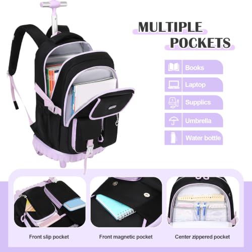 DIGOBAY Rolling Backpack for Girls, Girls Roller Backpack with Lunch Bag and Pencil Case, School Bookbag with Wheels for Elementary Middle High School Travel, Black Purple - color: Black and Purse