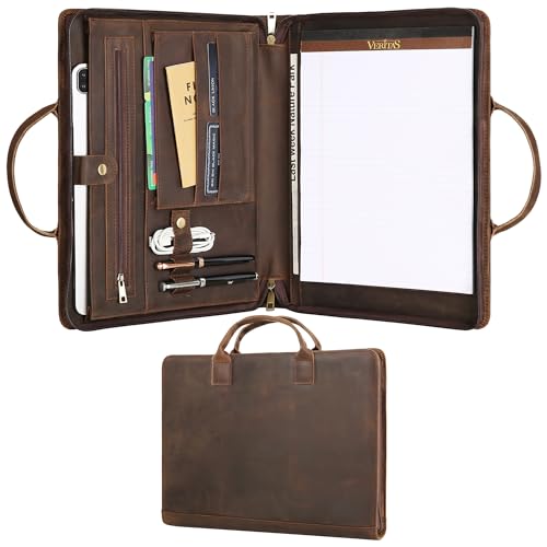 Personalized Leather Padfolio for Men, Business Portfolio with Handle Engraved Padfolio Organizer with A4/Letter Size Notepad Holder, Dark Khaki - Custom - color: Dark Khaki With Handle, size: Custom