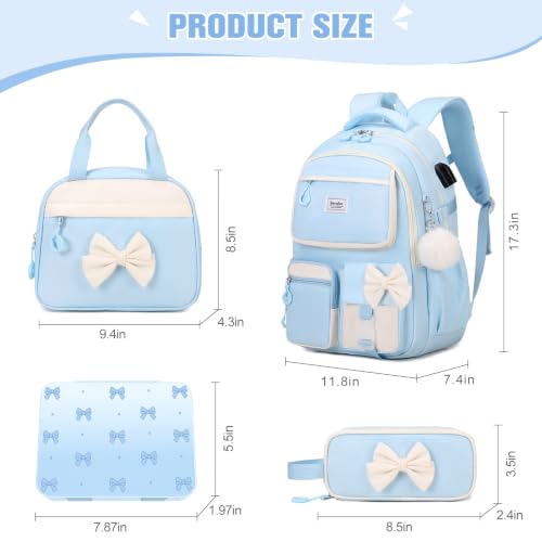 Bevalsa Backpack for Girls, Bow Bookpack with Bento Lunch Box, Insulated Bag & Utensils, 34oz Lunch Containers School Bags Set for Children Teens Kids Elementary Middle school Student (Pink) - color: Blue