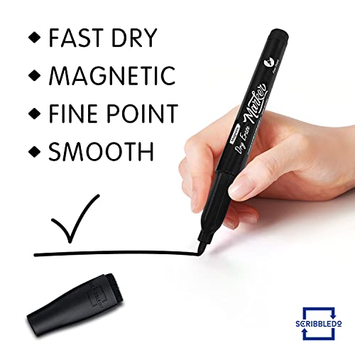 Scribbledo 12 Pack Magnetic Dry Erase Markers Black Fine Tip Whiteboard Markers with Eraser Cap Thin Low Odor Skinny White Board Markers for Adults Students Teachers Art Home School & Office - style: 12 Pack