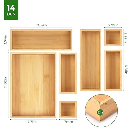 MapleGrace Bamboo Drawer Organizer Set, 14 PCS Wood Storage Organizers | Multi-Use Junk Drawer Divider, Storage Trays Containers for Kitchen, Bathroom, Office Desk, Makeup, Jewelry, Utensils - size: 14